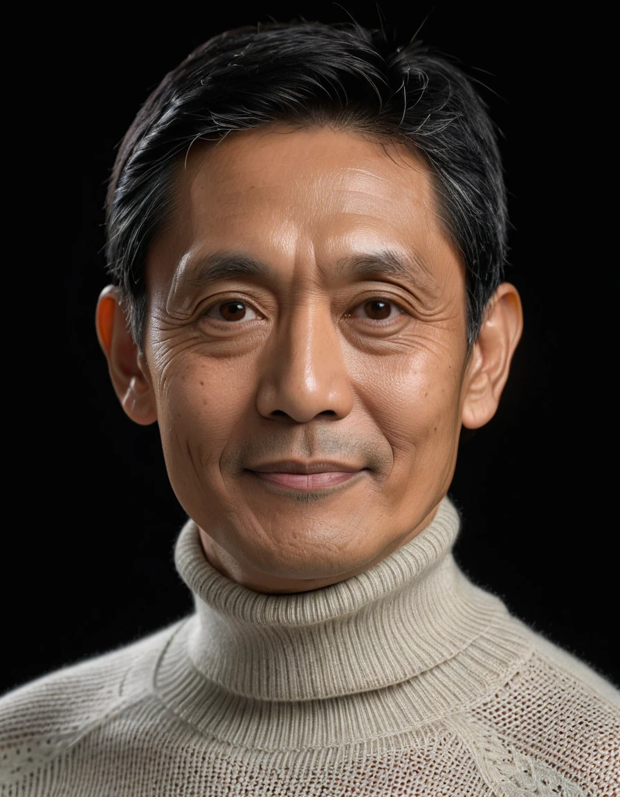 a fifty year man, Indonesian face, elegant, short silver-black hair, ivory turtle neck sweater, friendly face, stunning, peaceful face, thirty degrees right view, 8k, ultra detailed, solid black background