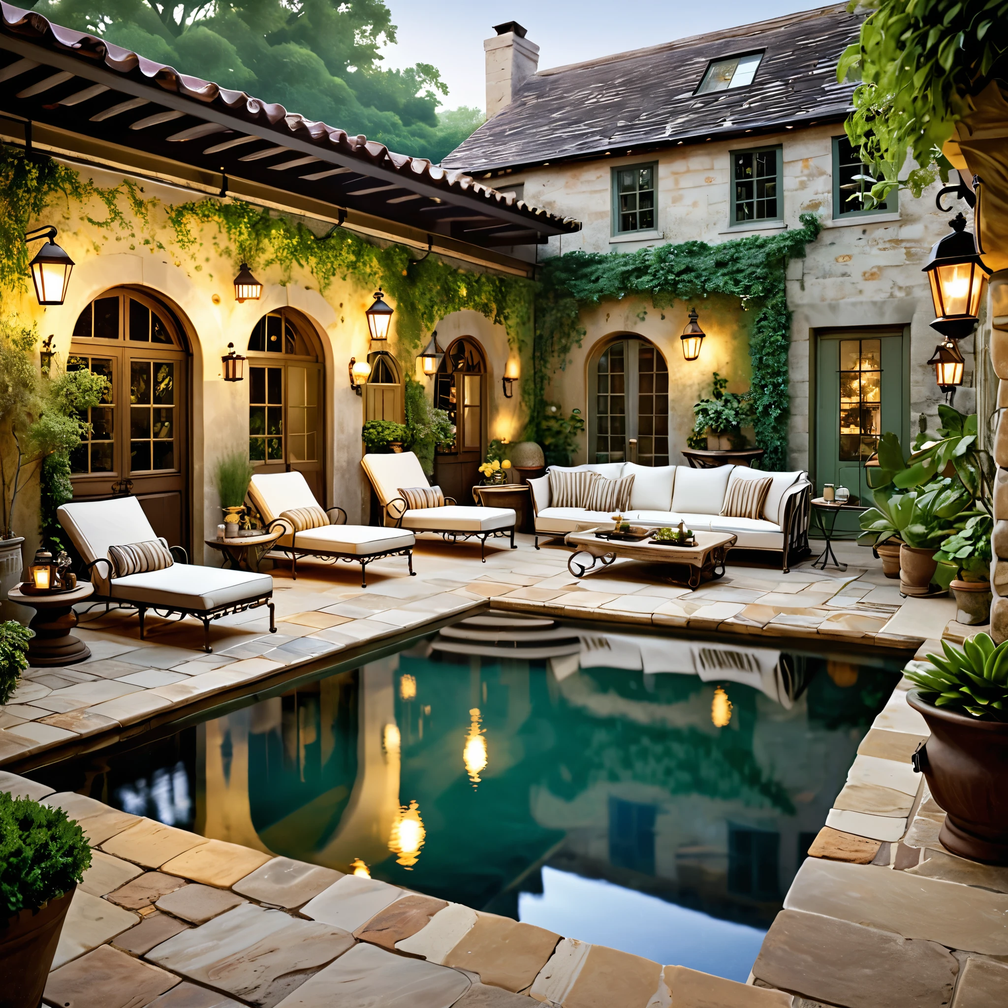 Generate a vintage-inspired courtyard scene featuring a natural pool. The courtyard should have weathered stone walls and antique-style furniture. Include wrought iron sun loungers with vintage cushions, a small bistro table with chairs, and an assortment of old-fashioned lanterns. The pool should have an enchanting look, with clear, reflective water and lush plants surrounding it. The overall lighting should be soft, creating a nostalgic and tranquil ambiance.
