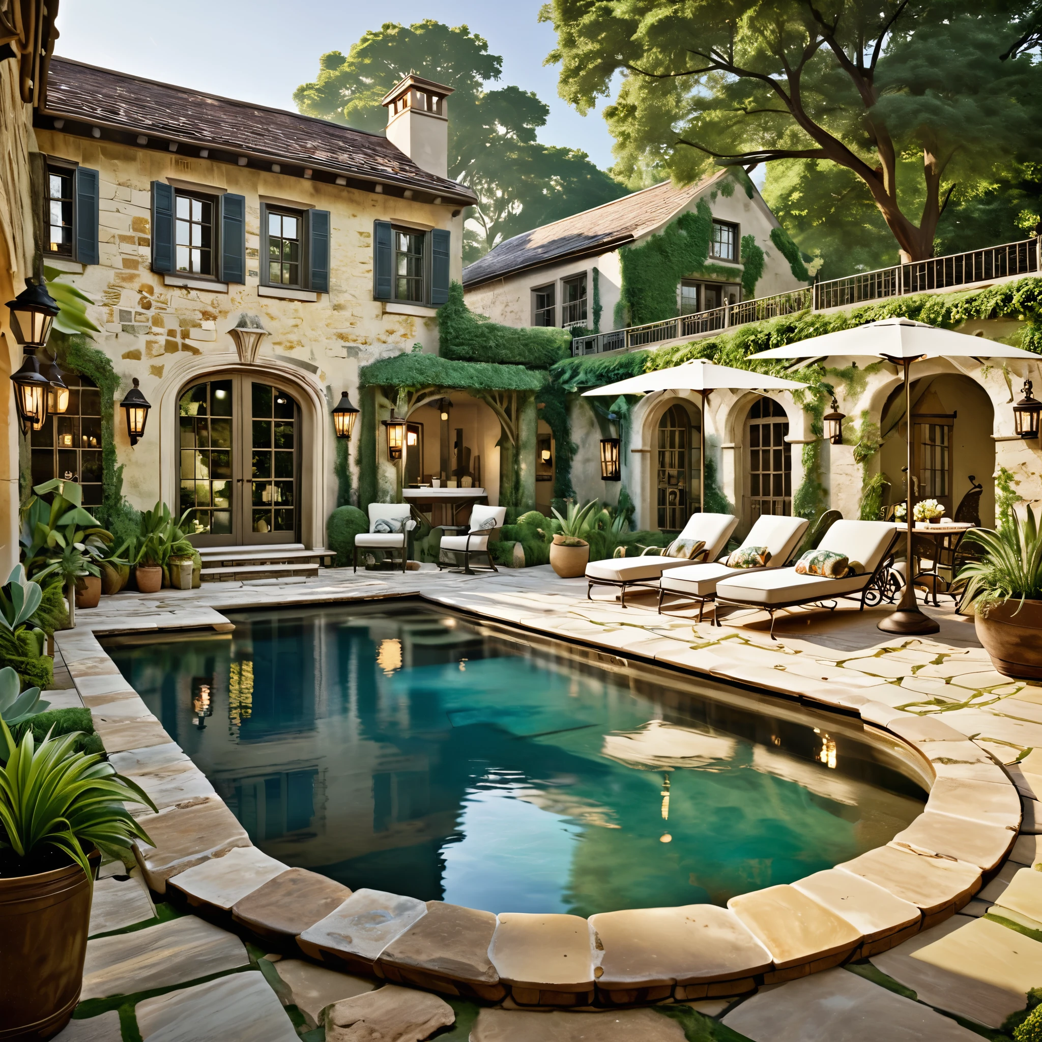 Generate a vintage-inspired courtyard scene featuring a natural pool. The courtyard should have weathered stone walls and antique-style furniture. Include wrought iron sun loungers with vintage cushions, a small bistro table with chairs, and an assortment of old-fashioned lanterns. The pool should have an enchanting look, with clear, reflective water and lush plants surrounding it. The overall lighting should be soft, creating a nostalgic and tranquil ambiance.
