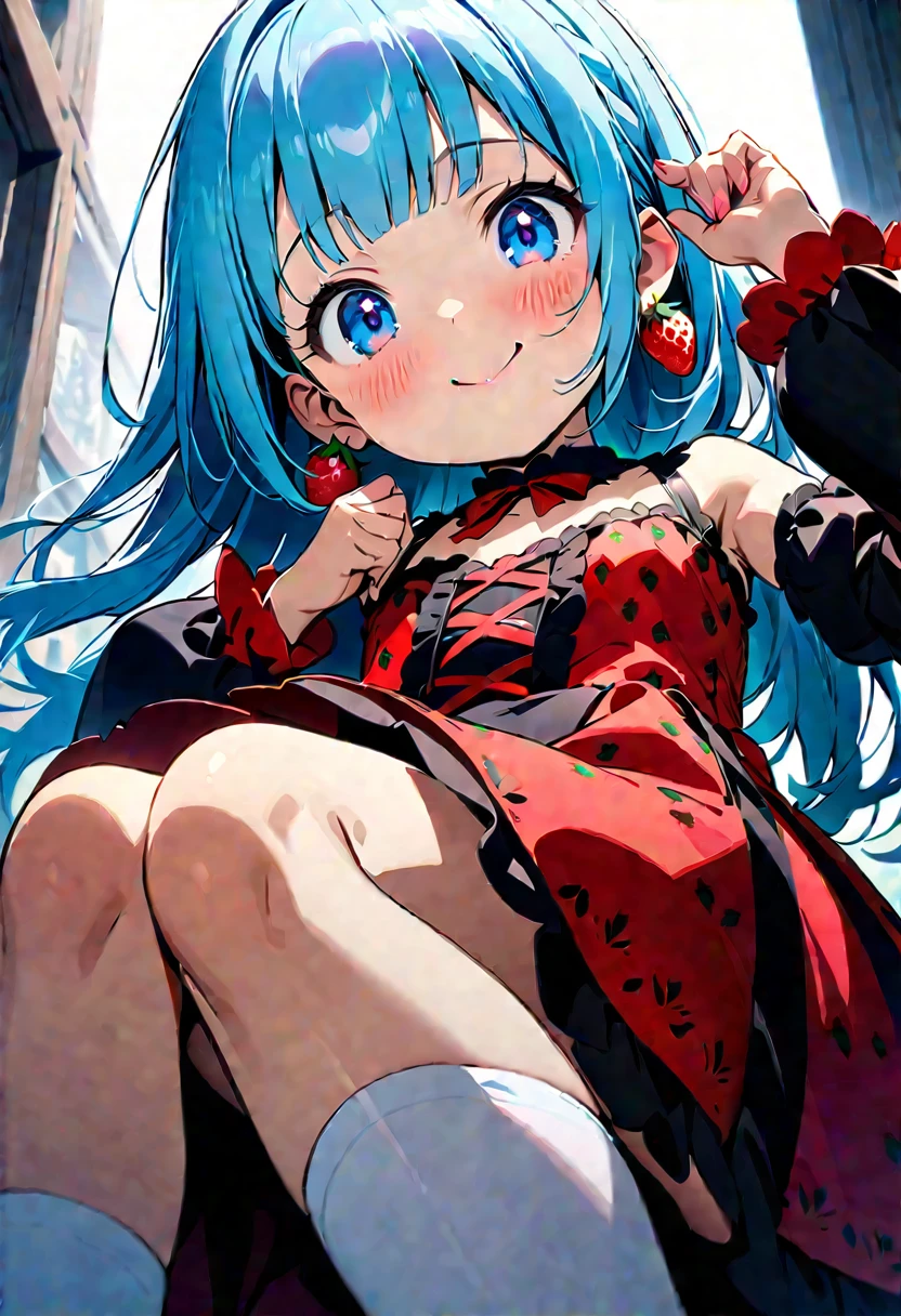 masterpiece, best quality, extremely detailed, (illustration, official art:1.1), 1 girl ,(((( light blue long hair)))), ,(((( light blue long hair)))),light blue hair, ,10 years old,****, long hair ((blush)) , cute face, big eyes, masterpiece, best quality,(((((a very delicate and beautiful girl))))),Amazing,beautiful detailed eyes,blunt bangs((((little delicate girl)))),tareme(true beautiful:1.2), sense of depth,dynamic angle,,,, affectionate smile, (true beautiful:1.2),,(tiny 1girl model:1.2),)(flat chest),(pastel-red theme:1.3), ((Strawberry Gothic Dress with Strawberry pattern:1.4)), (Strawberry ornament:1.3), (red big ribbon:1.3), (Strawberry earrings:1.2), (white Knee High Socks:1.3),(smile:1.2),(cute pose:1.3),(Eye size:1.5),(high resolution:1.5),(Vibrant color:1.4),(close up of face),(Goth style:1.25),(perspective from below:1.3)
