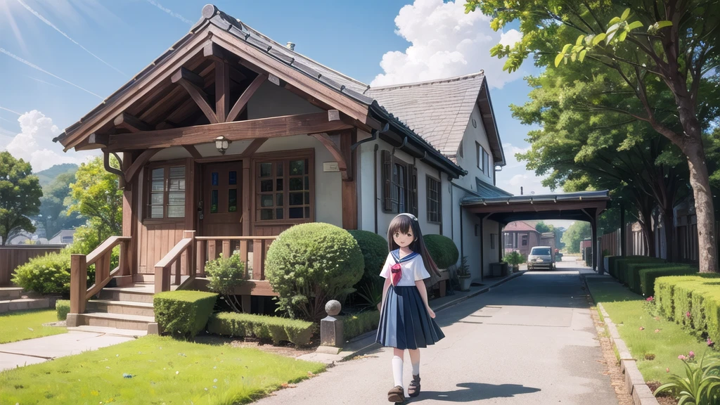 (masterpiece),  town,  blue sky,  One Girl,  smile,  alone,  Sailor suit、Long skirt,  Overgrown,  petal,  plant、Skirt lining、Translucent slip、Nostalgic