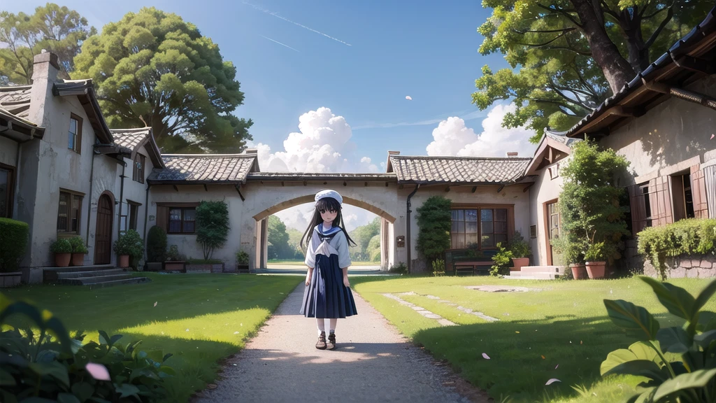 (masterpiece), town, blue sky, One Girl, smile, alone, Sailor suit、Long skirt, Overgrown, petal, plant、Skirt lining、Translucent slip、Nostalgic