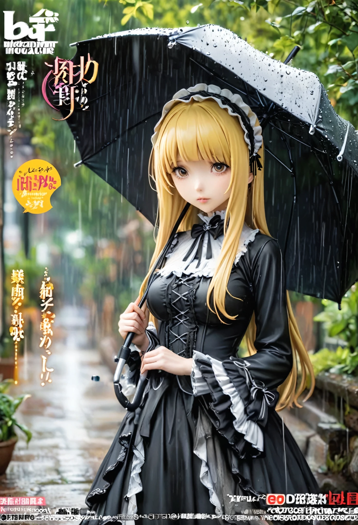 Magazine cover(masterpiece, best quality:1.2), 1 girl holding an umbrella, solitary，blond（（Exquisite eyes））（（gothic_Lolita））outdoor，rain（HD）（（best quality））， （（Surrealism））