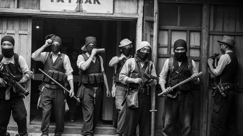 1930s, monochrome photography, A group of robber gang in Southeast Asia, have a hammer,robbery, (break a door), mouth and nose covered with a black bandana, ((black bandana)), 32K, Best quality, Masterpiece, super detail, High Details,