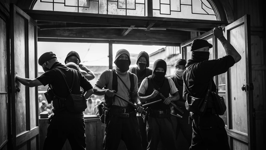 1930s, monochrome photography, A group of robber gang in Southeast Asia, have a hammer,robbery, (break a door), mouth and nose covered with a black bandana, ((black bandana)), 32K, Best quality, Masterpiece, super detail, High Details,