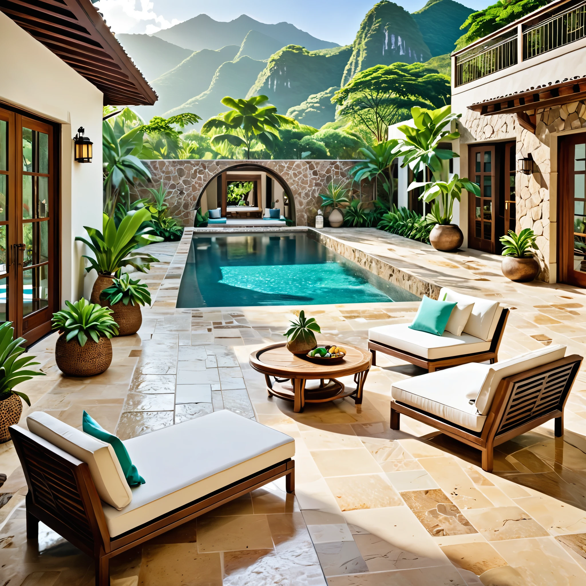 Create a luxurious and tropical courtyard with an inviting pool. The setting should feature rustic stone walls, large wooden doors, and a view of lush greenery and mountains in the background. Include comfortable outdoor seating with woven rattan chairs, a small dining table, and tropical plants around the pool area. The pool should have clear, turquoise water and a serene atmosphere, capturing the essence of a tropical paradise.