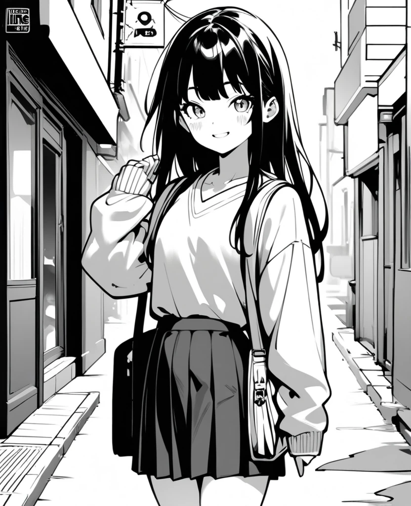 masterpiece, Highest quality 1girl, grayscale, style: Japanese Manga, Iris, street, ice, Black Hair, school bag, smile, Line art, White Background
