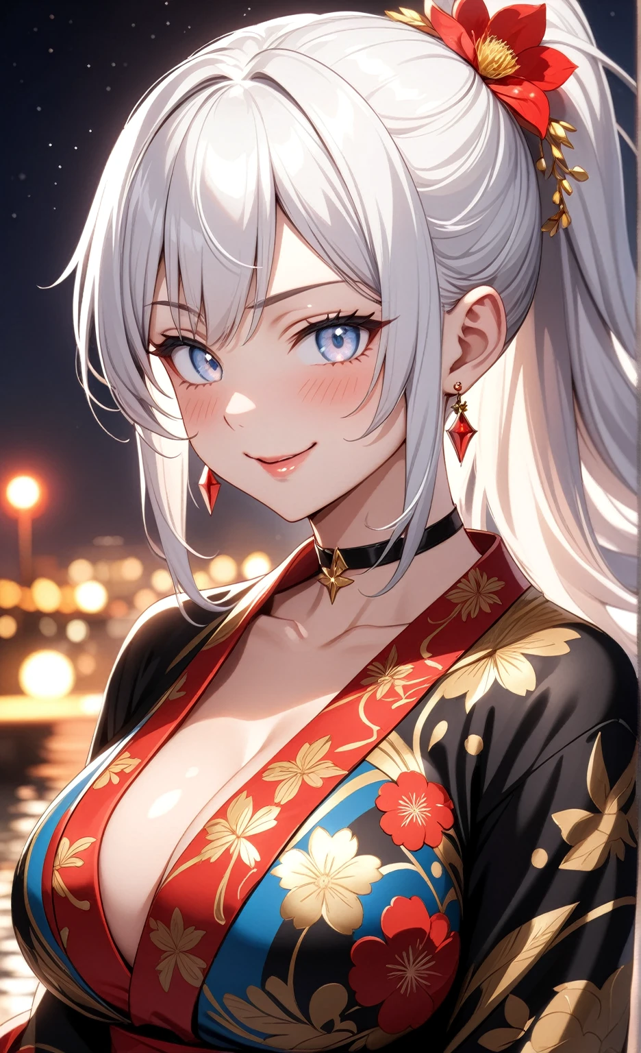 ((One personの女性)), Beautiful Face, (Laughing embarrassedly), (naughty face), ((Wink:1.8)), Laugh with your mouth wide open,((Bright red cheeks:1.4)),Shiny red lips,night,横浜のnight景,You can see the ocean, firework,,Glossy pink lips,Facial lighting,((Anime style background)),masterpiece, Highest quality, so beautiful,up to date, Complex details, (Pink long nails),  (ring),(bracelet),(choker),AI-generated, Complex,High resolution, Highest quality, super high quality,3D Images、3D Images,One person,Long white hair,High Ponytail,(blue eyes),Anime woman posing for a photo, ((Fine grain、Silvery white colorful eyes、Shining Eyes:1.3)),(Squint your eyes:1.1),a hyperRealistic , hyperRealistic , Realistic,Anime woman with long white hair, Smooth anime CG art, A woman in a colorful kimono with gold embroidery, (Black long sleeve kimono),Red floral pattern,Long flower hair ornament,Earrings,Mature Body,(Big Breasts:1.1),Tall,Abdominal muscles,Narrow waist,(Zoom up to face:1.4), ((front view)),