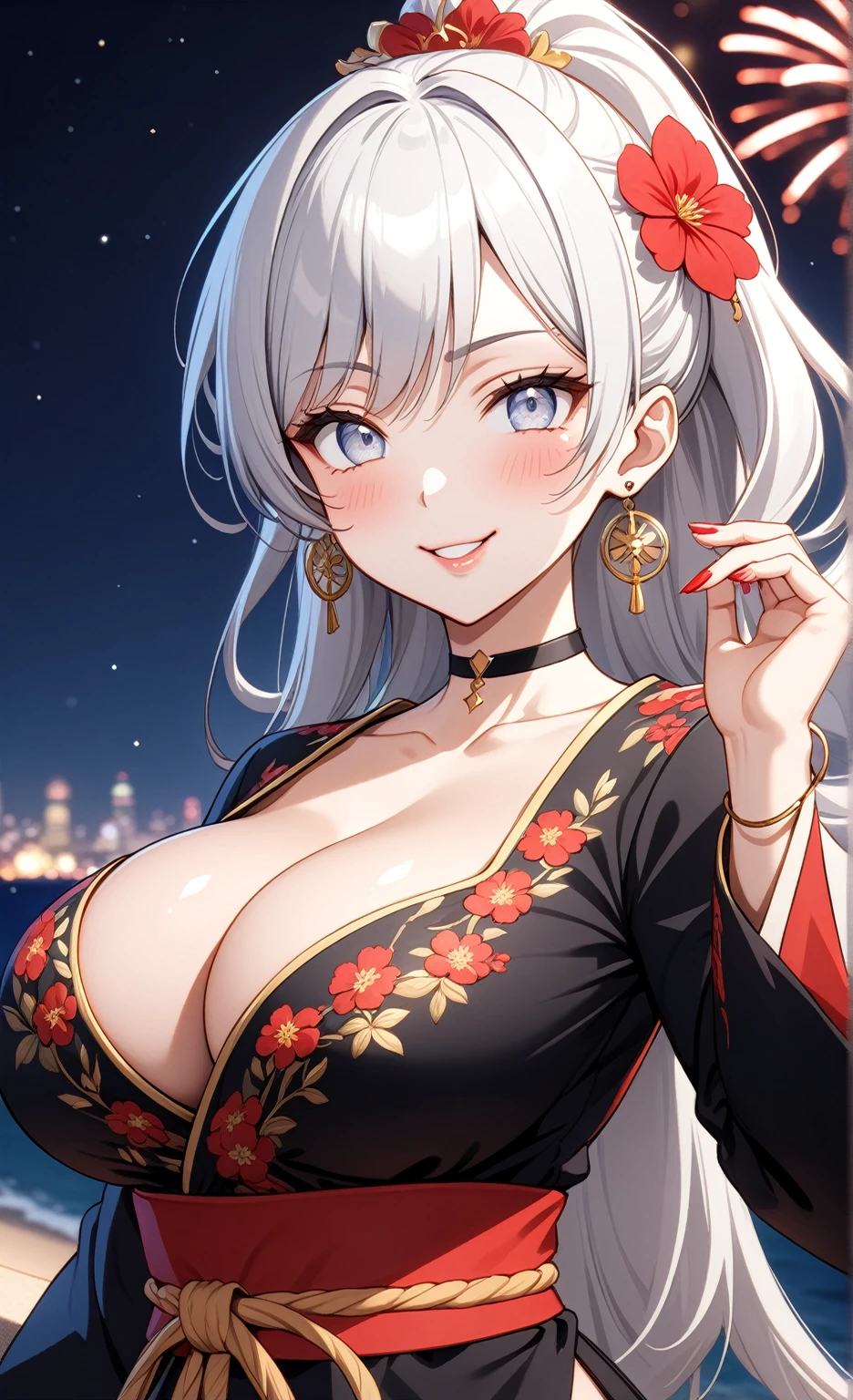 ((One personの女性)), Beautiful Face, (Laughing embarrassedly), (naughty face), ((Wink:1.8)), Laugh with your mouth wide open,((Bright red cheeks:1.4)),Shiny red lips,night,横浜のnight景,You can see the ocean, firework,,Glossy pink lips,Facial lighting,((Anime style background)),masterpiece, Highest quality, so beautiful,up to date, Complex details, (Pink long nails), (ring),(bracelet),(choker),AI-generated, Complex,High resolution, Highest quality, super high quality,3D Images、3D Images,One person,Long white hair,High Ponytail,(blue eyes),Anime woman posing for a photo, ((Fine grain、Silvery white colorful eyes、Shining Eyes:1.3)),(Squint your eyes:1.1),a hyperRealistic , hyperRealistic , Realistic,Anime woman with long white hair, Smooth anime CG art, A woman in a colorful kimono with gold embroidery, (Black long sleeve kimono),Red floral pattern,Long flower hair ornament,Earrings,Mature Body,(Big Breasts:1.1),Tall,Abdominal muscles,Narrow waist,(Zoom up to face:1.4), ((front view)),