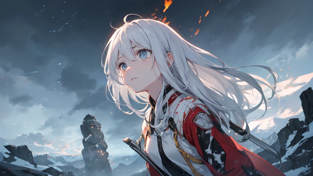 masterpiece:1.2), best quality , 独奏 ,pixiv, anime girl ，long straight white hair , black eyes ,Wearing off-white camouflage uniform ,ten years old，modern battlefield，(Eyes looking into the distance:1.3)，(look away:1.5)，snowy weather，dirty face，The background is a sea of fire with blood on the forehead，dirty face，Backlight，Bare rocky peaks ,Fierce flames are burning，The expression is sad，bullets flying，leave tears