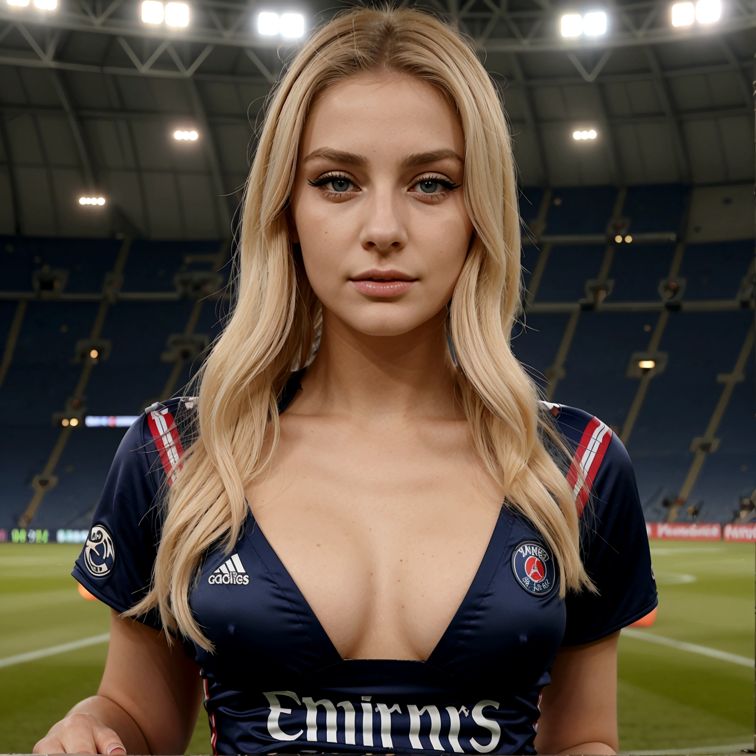 Femme blonde de 24 ans, cheveux longs, sourcils symétriques avec de belles lèvres et un visage mince, vetue d'un maillot du psg, dans un stade de football