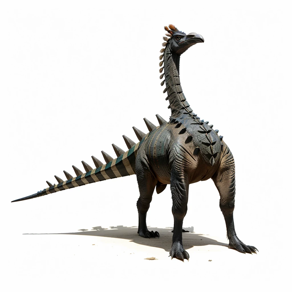 Big Animaly, has grees stripes on his skin, reds eyes, cassowary mixed with stegosaurus, Grassroots, no background