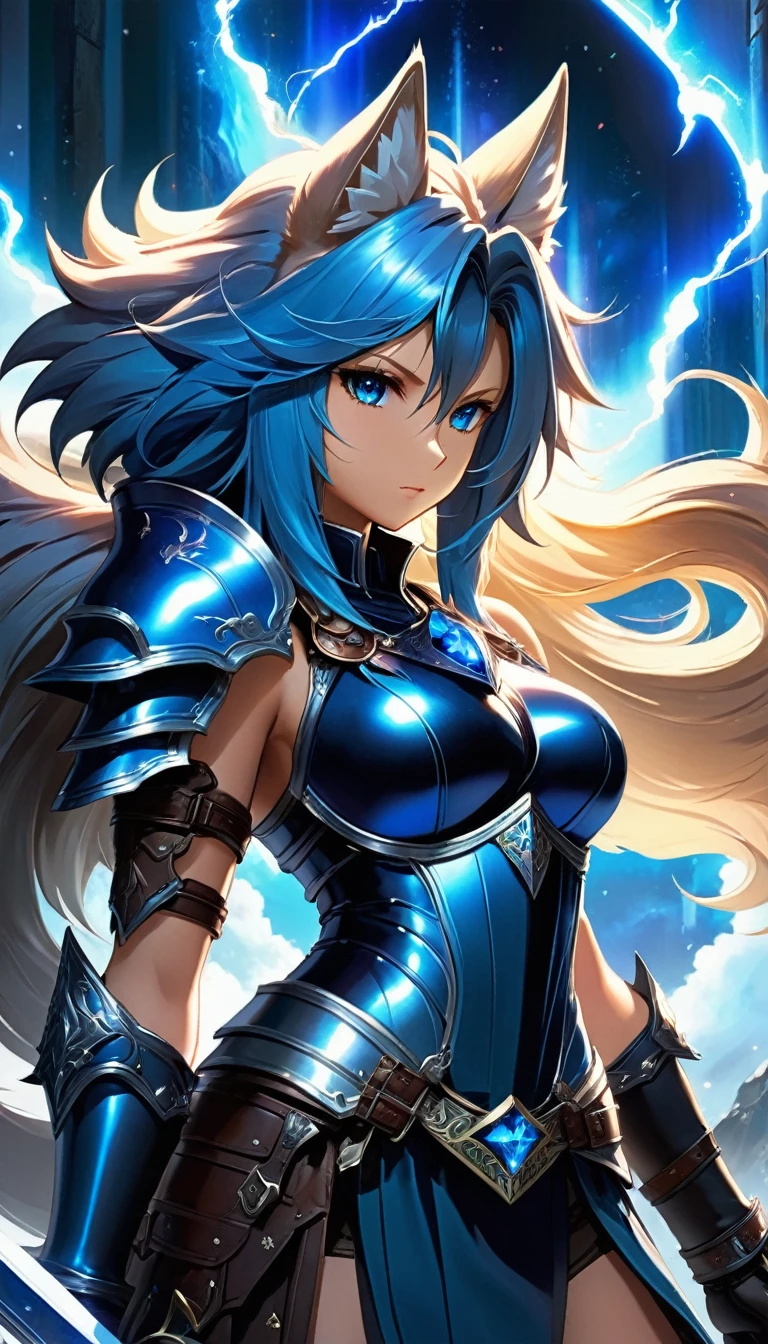 Ultra High Definition anime art, inspired by Final Fantasy VII, features a stunning goddess wolf therianthrope adventurer. She dons light black armor that glistens in the ephemeral light, adorned with intricate metallic gauntlets. Her paws rest on the hilt of a mighty thundering sword, its electric blue energy radiating with every fiber of her being. An aura of shimmering blue energy envelops her in an awe-inspiring scene, as she stands tall and ready for her next grand adventure.
