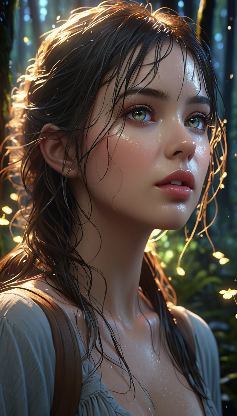 1girl, beautiful detailed eyes, beautiful detailed lips, extremely detailed face, long eyelashes, wild wet hair, beautiful girl, model, cinematic lighting, dramatic atmosphere, natural colors, detailed environment, fantasy forest, glowing fireflies, ethereal, intricate details, (best quality, 4k, 8k, highres, masterpiece:1.2), ultra-detailed, (realistic, photorealistic, photo-realistic:1.37)