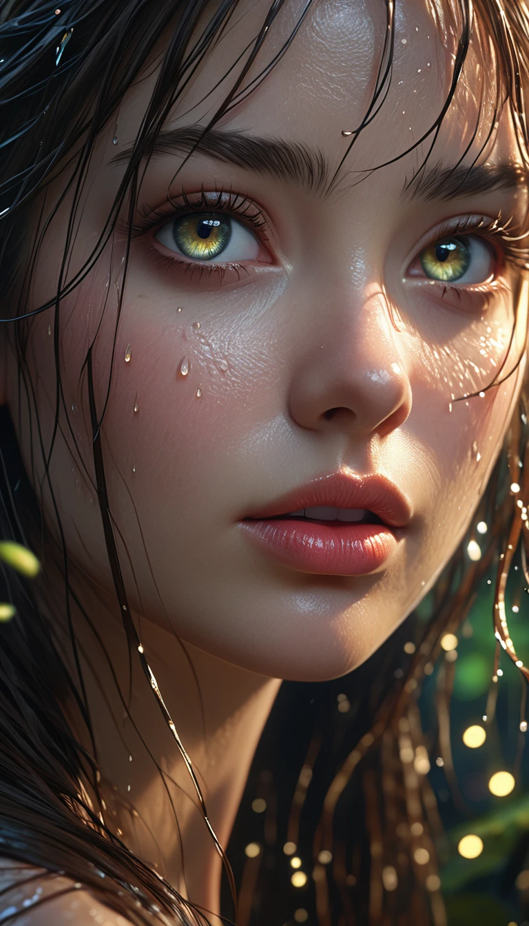 1girl, beautiful detailed eyes, beautiful detailed lips, extremely detailed face, long eyelashes, wild wet hair, beautiful girl, model, cinematic lighting, dramatic atmosphere, natural colors, detailed environment, fantasy forest, glowing fireflies, ethereal, intricate details, (best quality, 4k, 8k, highres, masterpiece:1.2), ultra-detailed, (realistic, photorealistic, photo-realistic:1.37)