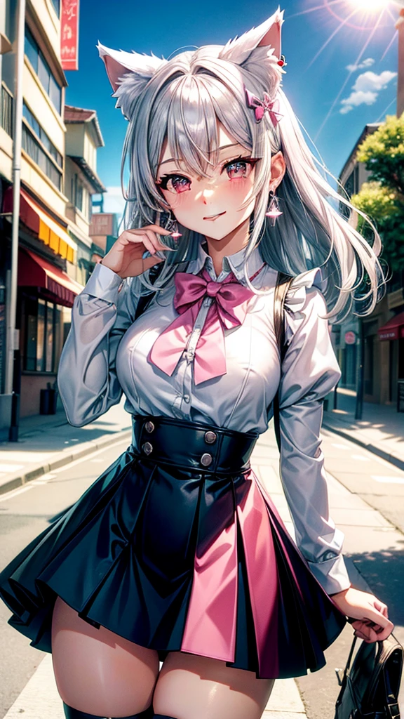 Silver hair, pink eyes, body, cat ears, sexy girl, earrings, sun and cloud background, hair bows, mitsuri, blouse, skirt uniform, bells necklace, happy face, thigh up