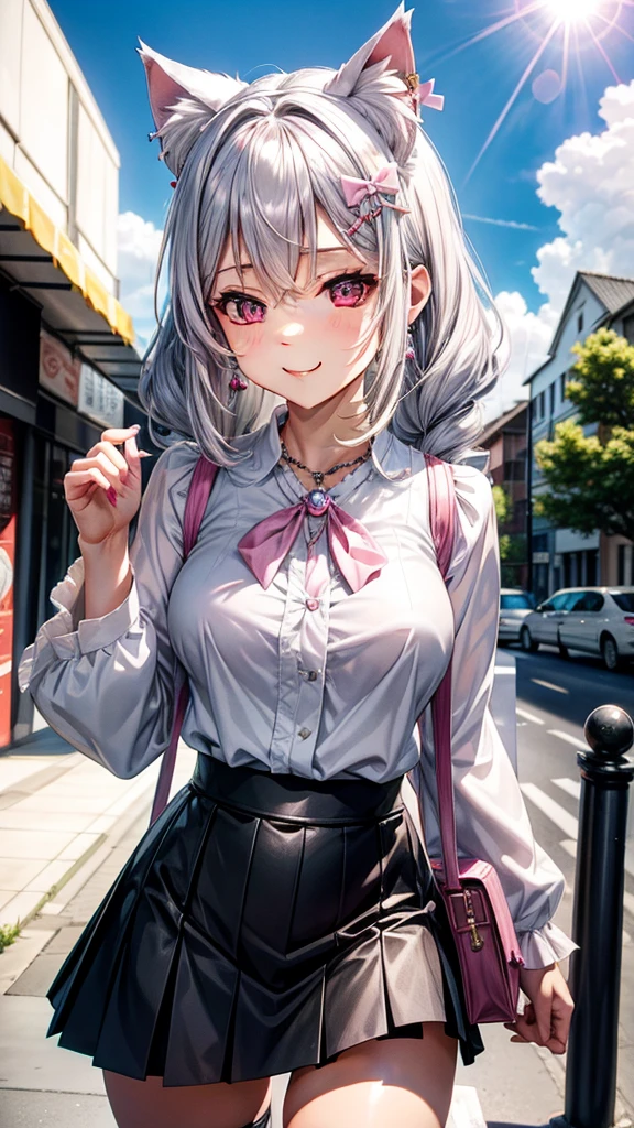 Silver hair, pink eyes, body, cat ears, sexy girl, earrings, sun and cloud background, hair bows, mitsuri, blouse, skirt uniform, bells necklace, happy face, thigh up