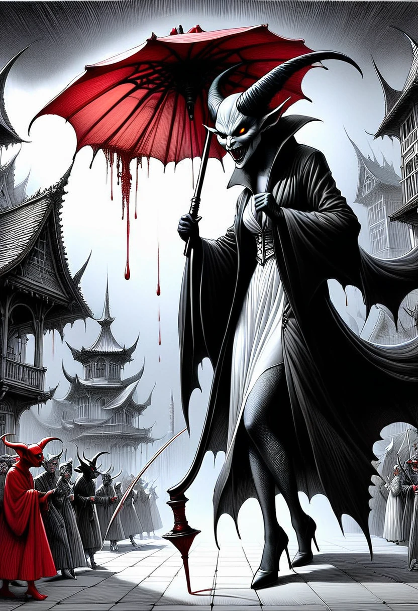 Tiago Hoisel styled ink pen sketch, ultra-fine detailing, showing an intriguing scene by Kelley Jones, as a playful demoness struts confidently through a something sinister, carrying a massive umbrella, a complex backdrop envelopes the scene, perfectly accurate anatomy, seeping with fear and beauty that soak the air, hyperrealistic digital painting, exceptionally detailed, artstation trending, studio focus, elaborate minutiae