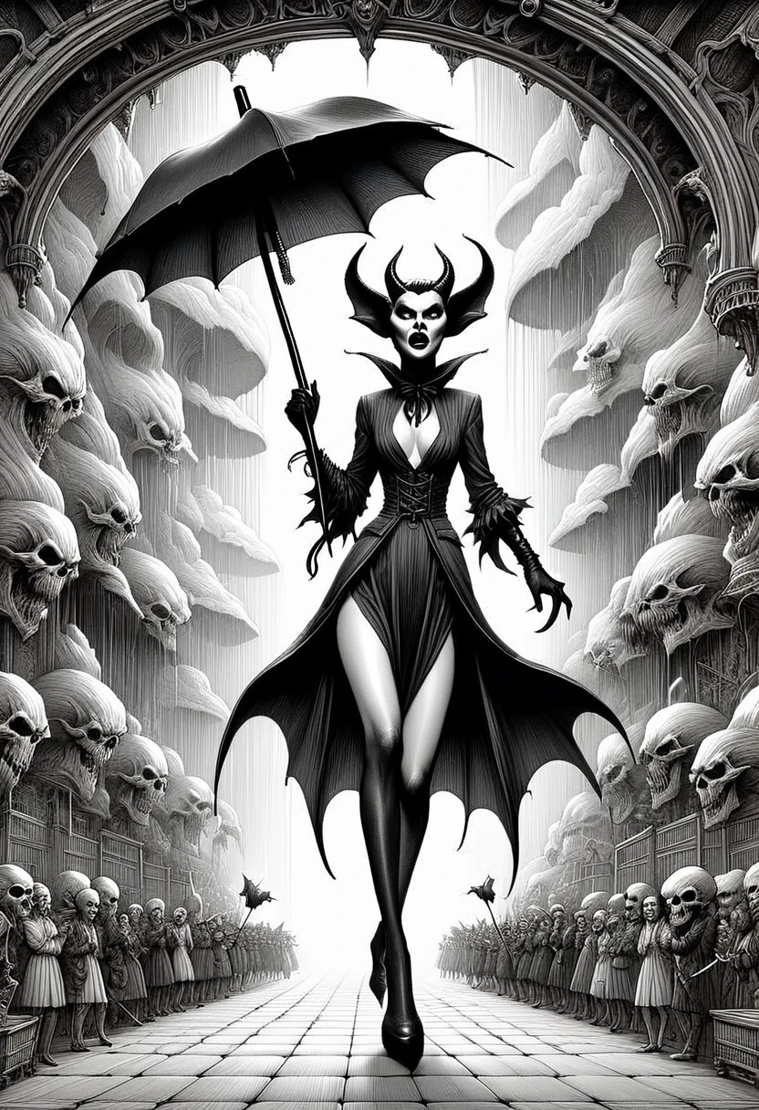 Tiago Hoisel styled ink pen sketch, ultra-fine detailing, showing an intriguing scene by Kelley Jones, as a playful demoness struts confidently through a something sinister, carrying a massive umbrella, a complex backdrop envelopes the scene, perfectly accurate anatomy, seeping with fear and beauty that soak the air, hyperrealistic digital painting, exceptionally detailed, artstation trending, studio focus, elaborate minutiae