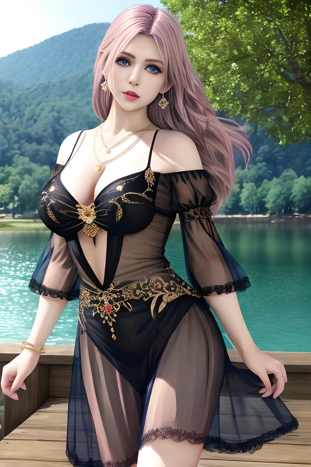 1girl,wore a black semi-transparent dress with a delicate floral pattern on the skirt. Her skirt was elegantly designed with puff sleeves and a deep V-neckline, which made her look very stylish and charming. She wore some golden accessories, including a long necklace and earrings, which added to the gorgeousness of the overall look. The background was a beautiful lake with sparkling water and green mountains and trees in the distance, showing the beauty of tranquility and nature,, beautiful detailed eyes, beautiful detailed lips, extremely detailed eyes and face, long eyelashes, best quality, 4k, 8k, highres, masterpiece, ultra-detailed, realistic, photorealistic, photo-realistic, ethereal glow, regal elegance, intricate details, luxurious, otherworldly beauty, dark atmospheric background, supernatural aura, long hair, pink hair, blue eyes, elise,