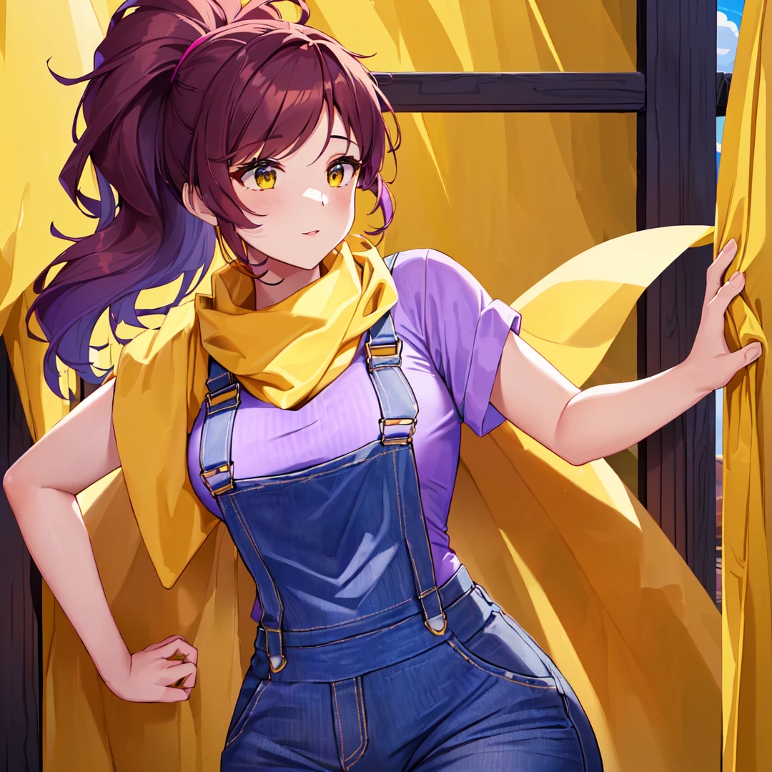 mavis ( a picture of a woman in a hat and overalls, abigail from stardew valley, high res, madeline from celeste, thic, safe for work, oc commission, sfw version, blue, full body:: sunny weather:: long brown hair Red shirt ) shellyBS ( woman, purple hair, ponytail, yellow hairclip, brown skin, bandaid on face, yellow scarf, purple shirt, short sleeves, blue pants ) merging
