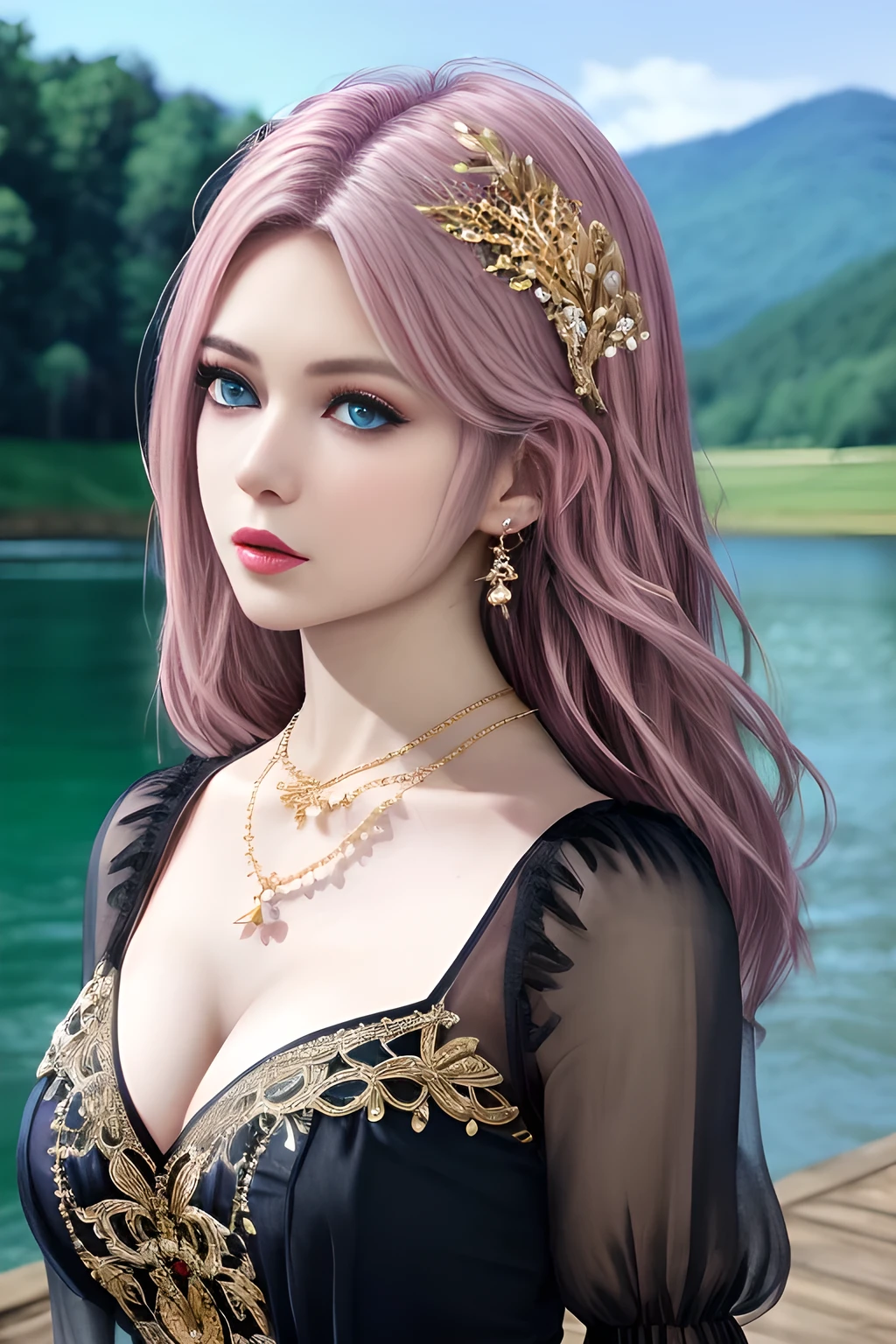 1girl,wore a black semi-transparent dress with a delicate floral pattern on the skirt. Her skirt was elegantly designed with puff sleeves and a deep V-neckline, which made her look very stylish and charming. She wore some golden accessories, including a long necklace and earrings, which added to the gorgeousness of the overall look. The background was a beautiful lake with sparkling water and green mountains and trees in the distance, showing the beauty of tranquility and nature,, beautiful detailed eyes, beautiful detailed lips, extremely detailed eyes and face, long eyelashes, best quality, 4k, 8k, highres, masterpiece, ultra-detailed, realistic, photorealistic, photo-realistic, ethereal glow, regal elegance, intricate details, luxurious, otherworldly beauty, dark atmospheric background, supernatural aura, long hair, pink hair, blue eyes,  elise,