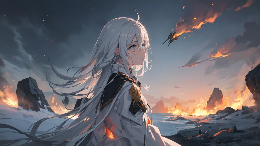 masterpiece:1.2), best quality , 独奏 ,pixiv, anime girl ，long straight white hair , black eyes ,Wearing off-white camouflage uniform ,ten years old，modern battlefield，(Eyes looking into the distance:1.3)，(look away:1.5)，snowy weather，dirty face，The background is a sea of fire with blood on the forehead，dirty face，Backlight，Bare rocky peaks ,Fierce flames are burning，The expression is sad，bullets flying，leave tears