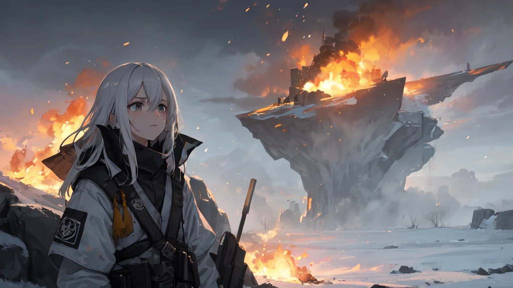 masterpiece:1.2), best quality , 独奏 ,pixiv, anime girl ，long straight white hair , black eyes ,Wearing off-white camouflage uniform ,ten years old，modern battlefield，(Eyes looking into the distance:1.3)，(look away:1.5)，snowy weather，dirty face，The background is a sea of fire with blood on the forehead，dirty face，Backlight，Bare rocky peaks ,Fierce flames are burning，The expression is sad，bullets flying，leave tears