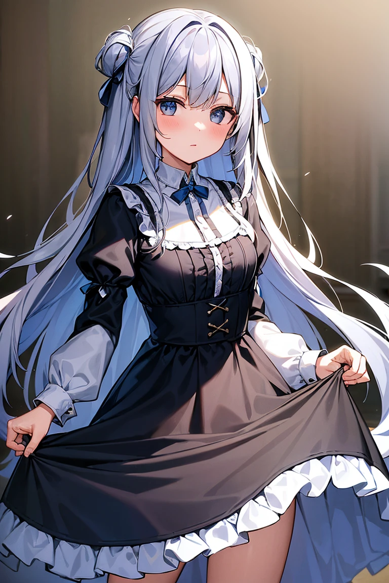 ((best quality)), ((masterpiece)), (detailed), 1 Girl, (Gray long hair), Classic style long skirt,Baroque blue dress,Stacked dress with ruffle trims,Cute style