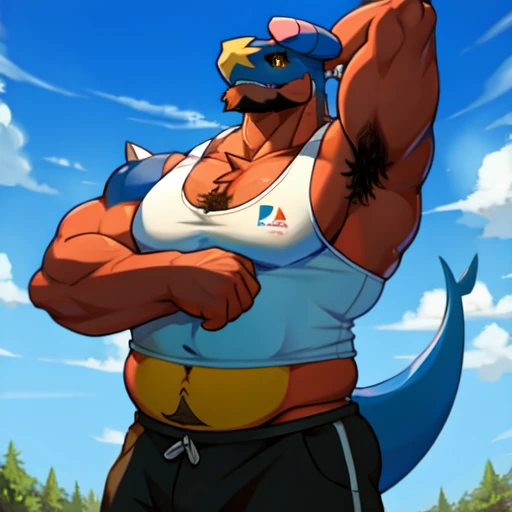 garchomp with beard, chest hair, tank top, chubby, armpit hair, hands