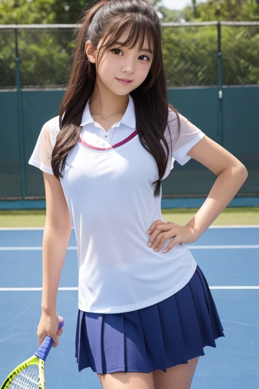 (masutepiece:1.3), (8K, Photorealistic, Raw photo, Best Quality: 1.4), Japanese, (1girl in), Beautiful face, (Realistic face), (Black hair), Beautiful hairstyle, Realistic eyes, Beautiful detailed eyes, (Realistic skin), Beautiful skin, Attractive, 超A high resolution, A hyper-realistic, Highly detailed, Golden ratio,1girl in,(18year old:1.5),Small breasts,japanaese girl ,Smile,tennis,Tennis Wear,skort,Yonex,Wavy Hair,(Medium Hair),Hyper Detail Hair,Photo of Pretty Japanese girls,hair blowing in wind, Facing,Short sleeves、(no-bra)(Small beautiful hard(Thin, moist buttons up to shirt length:1.1)、(Tennis clothes wet in the rain)、wetbody:1.1,(Skirt flipping、Pink panty:1.1)