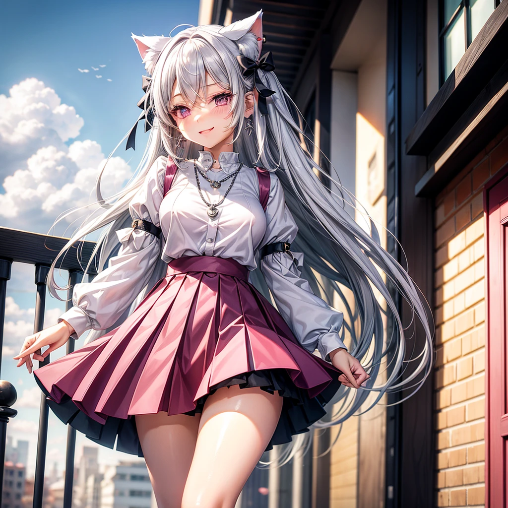 Silver hair, pink eyes, body, cat ears, sexy girl, earrings, sun and cloud background, hair bows, mitsuri, blouse, skirt uniform, bells necklace, happy face,  thigh up, Professional photo
