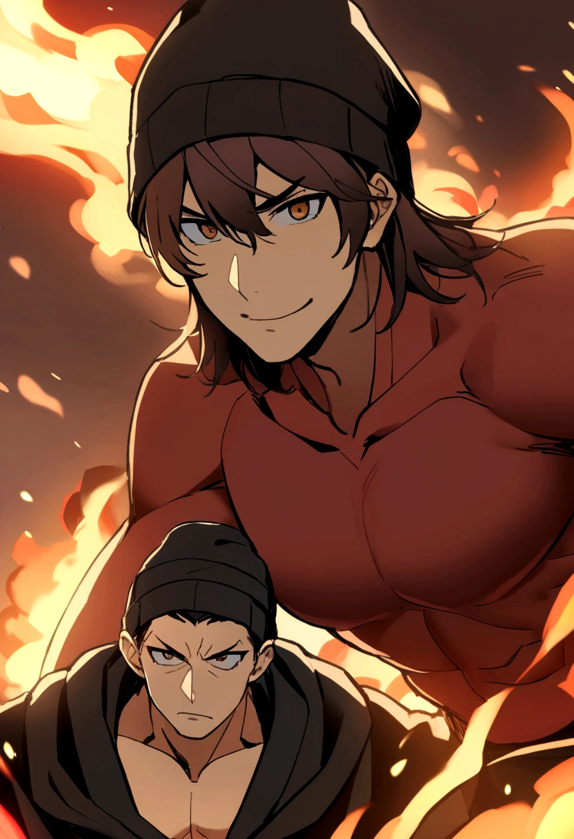 in an image, two boys appear: (A boy (muscular man with short black hair without a hat and with a red shirt) and at his side another boy (medium long brown hair has a black beanie hat, he has black clothes) and they are both in a background of fire, both of them have an angry face, smiling. )