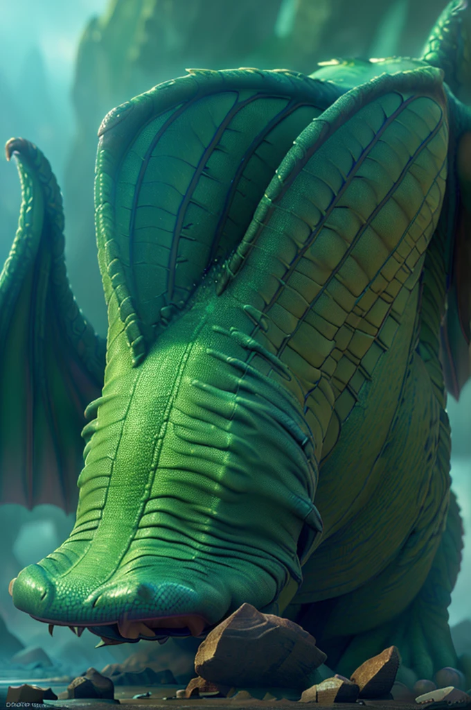 A magnificent muscular dragon, photorealistic, highly detailed scales, glowing green eyes, intricate horns, powerful claws, massive wings, coiled body, dramatic lighting, cinematic composition, mist and fog, fantasy landscape, moody atmosphere, vibrant colors, (best quality,4k,8k,highres,masterpiece:1.2),ultra-detailed,(realistic,photorealistic,photo-realistic:1.37)