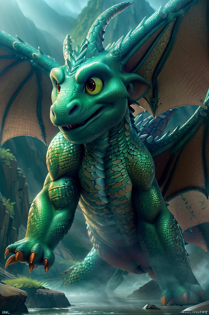 A magnificent muscular dragon, photorealistic, highly detailed scales, glowing green eyes, intricate horns, powerful claws, massive wings, coiled body, dramatic lighting, cinematic composition, mist and fog, fantasy landscape, moody atmosphere, vibrant colors, (best quality,4k,8k,highres,masterpiece:1.2),ultra-detailed,(realistic,photorealistic,photo-realistic:1.37)