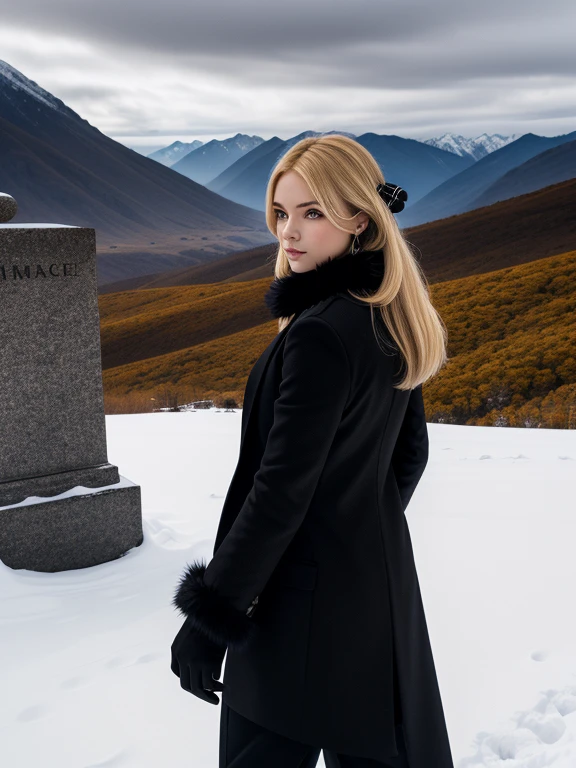 Cynthia,Long blonde hair, hair ornaments, Hair on one eye, Black coat, Black trousers,Fur collar, View your viewers, Severe, Are standing, Medium Shot, outside, Snow Mountain, cloudy, winter, high quality, masterpiece,No handrails,Black coat,Beauty