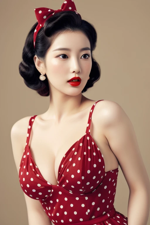 1952, Seoul, (1 korean young girl), Retro vintage, ,(big breasts, strikingly beautiful, delicate facial features, porcelain skin, expressive eyes, black hair, red lips), (hairstyle of the 1950s), poster of a sexy, glamorous pin-up girl wearing a sailors hat, bikini and polka dot stockings, ((awe and joy expression)),