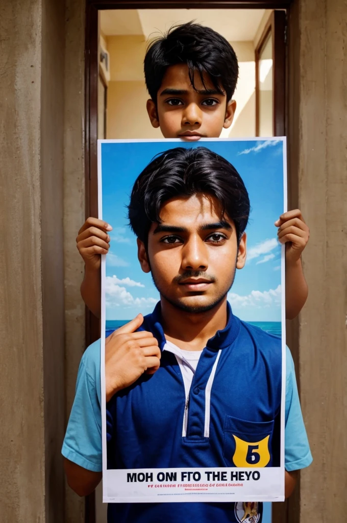 A boy hold the poster of meme dekho in his hand
