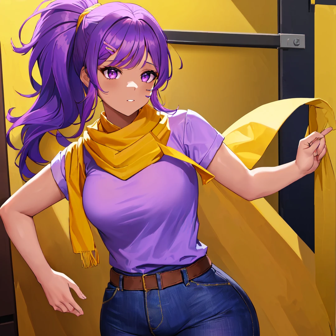 shellyBS ( woman, purple hair, ponytail, yellow hairclip, dark skin, bandaid on face, yellow scarf, purple shirt, short sleeves, blue pants, thicc )
