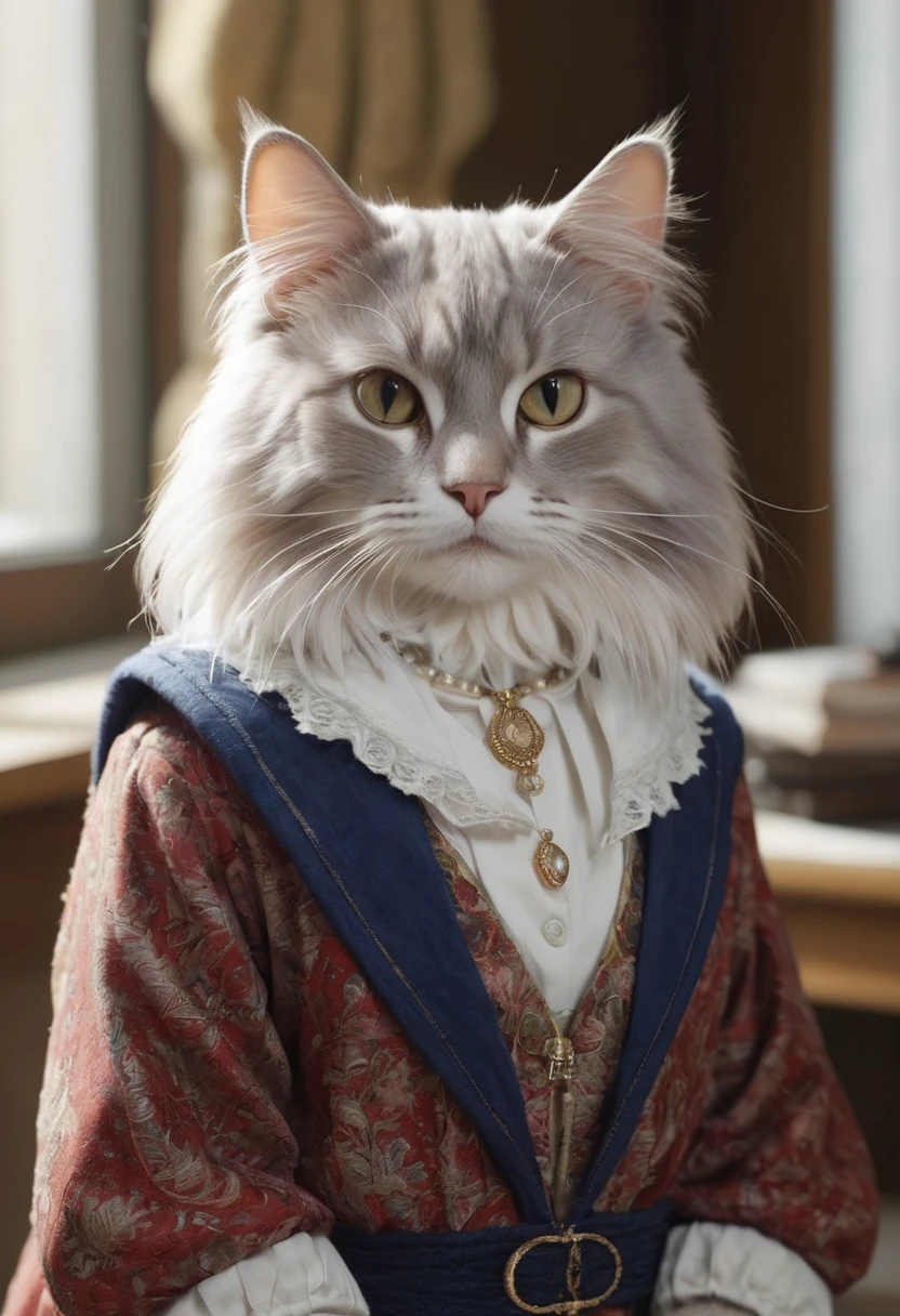 ((Cat in clothes)),,Full Shot,Fluffy hair, Anthropomorphic representation, Rich colors, Exquisite detail, masterpiece, Realistic,art, CG, Realistic, Unreal Engine , True light and shadow, beautiful Rich colors, Amazing details, high quality,ear