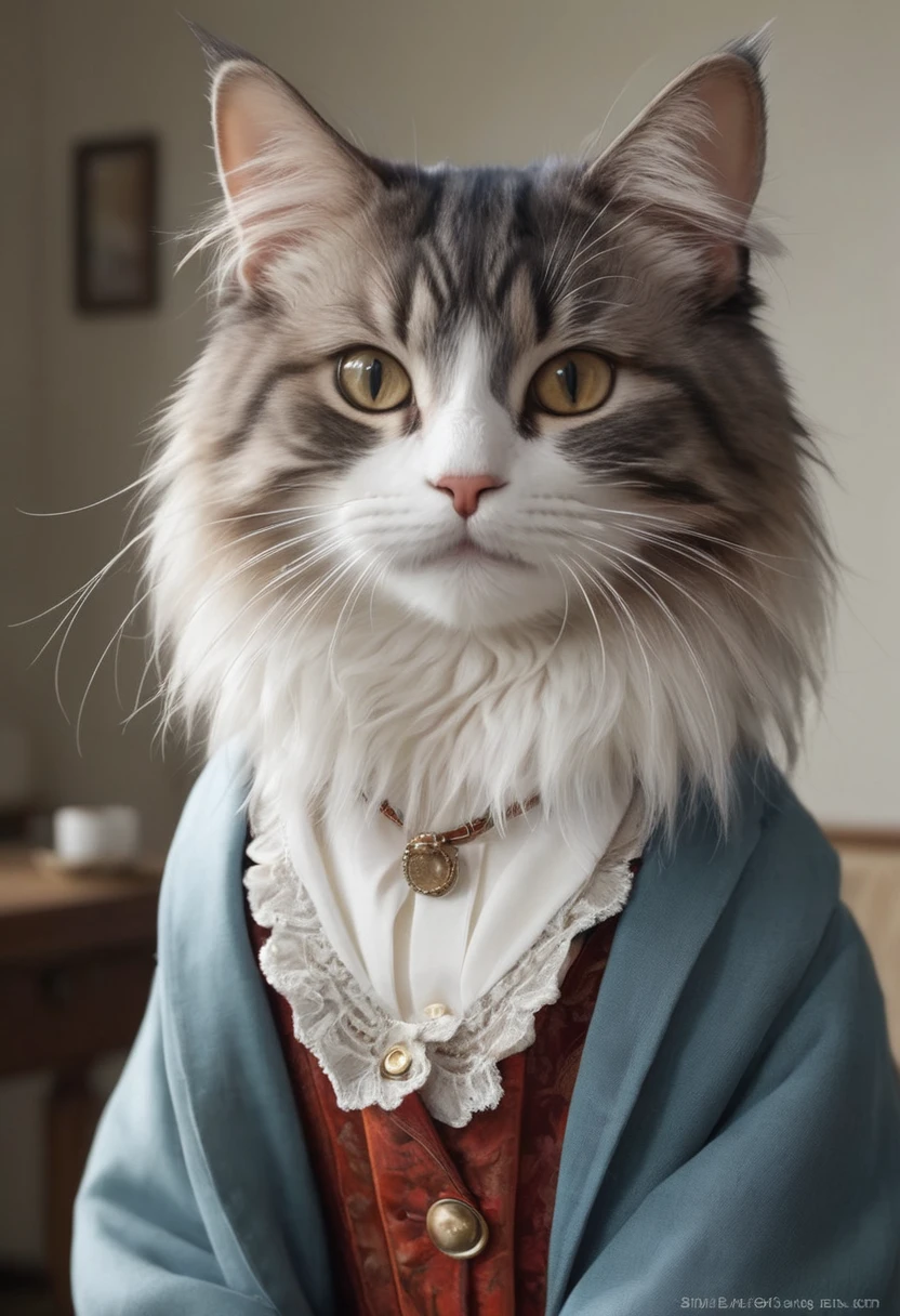 ((Cat in clothes)),，Full Shot，Fluffy hair, Anthropomorphic representation, Rich colors, Exquisite detail, masterpiece, Realistic，art, CG, Realistic, Unreal Engine , True light and shadow, beautiful Rich colors, Amazing details, high quality，ear