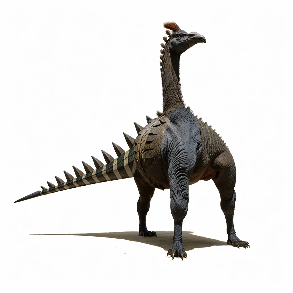 Big Animaly, has grees stripes on his skin, reds eyes, cassowary mixed with stegosaurus, Grassroots, no background