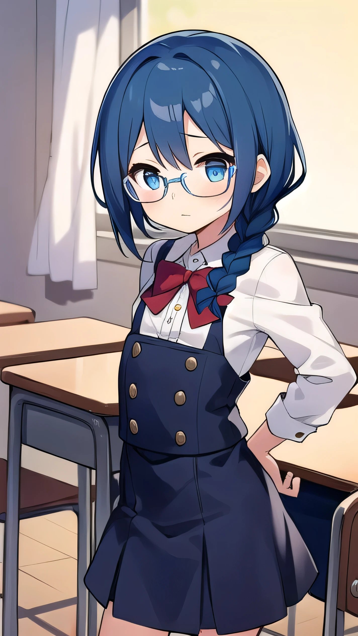 small breasted girl, short, elementary school student, blue hair, single braid, blue eyes, round eyes, shy, shy, classroom, short, young face, short height, , glasses with no edges,flat chest,