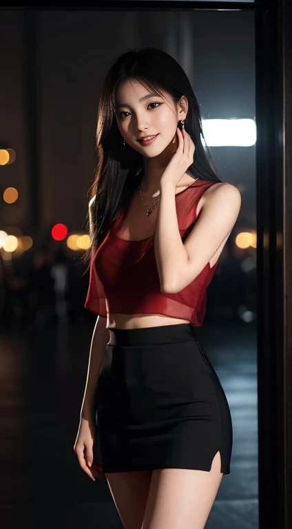 8K, masterpiece, RAW photos, best quality, Reality, extremely detailed CG unity 8K wallpaper, Depth of Field, light, lens flare, Ray Tracing, (Extremely beautiful face, Beautiful lips, beautiful eyes), Complex facial details, ((Ultra-delicate skin)) 1 Girl, in the darkness, Deep Shadows, Beautiful Asian girl, Very slim slender fit-muscled body), ((Looking at the audience)),(big Smile), (Blurred background), midnight, (Beautiful Asian girl), earrings, bracelet, necklace, Clear eyes, shooting, (Pale skin), Facing forward, (big eyes), ((close up shooting)), (Looking at the audience), Medium breasts,((Smile)), (see through), (Open your chest), ( Very slim), (see through shirt), ((red see through skirt)), Thick thighs, Lace stockings, roof, 昏暗的light, Large Windows, floor, ((night)), city View