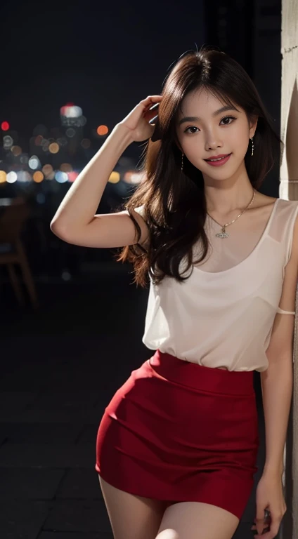 8K, masterpiece, RAW photos, best quality, Reality, extremely detailed CG unity 8K wallpaper, Depth of Field, light, lens flare, Ray Tracing, (Extremely beautiful face, Beautiful lips, beautiful eyes), Complex facial details, ((Ultra-delicate skin)) 1 Girl, in the darkness, Deep Shadows, Beautiful Asian girl, Very slim slender fit-muscled body), ((Looking at the audience)),(big Smile), (Blurred background), midnight, (Beautiful Asian girl), earrings, bracelet, necklace, Clear eyes, shooting, (Pale skin), Facing forward, (big eyes), ((close up shooting)), (Looking at the audience), Medium breasts,((Smile)), (see through), (Open your chest), ( Very slim), (see through shirt), ((red see through skirt)), Thick thighs, Lace stockings, roof, 昏暗的light, Large Windows, floor, ((night)), city View