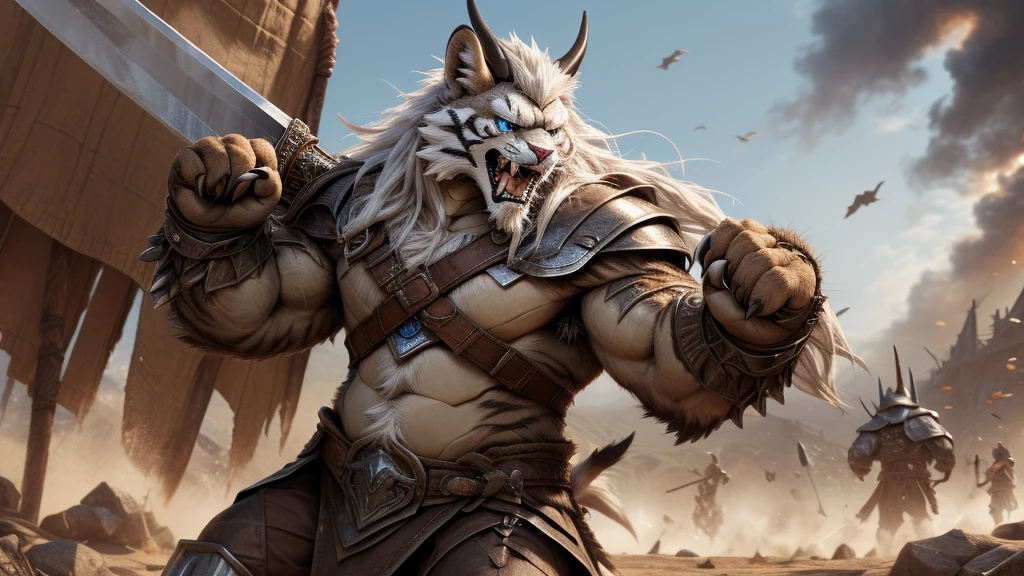 head、Animal cat face、A pair of dragon horns,Full body of fluffy white hair、Heavy breathing、Gnashing of teeth,Serious expression,Fluffy belly、Leather Armor,Viking style,wildcat、blue eyes,(contour)Full body covered with long white hair、Hairy body、Long and thick armpit hair、Fangs、4K,War Background,Sharp claws、Capture the composition of the whole body、 A sharp longsword,Hold the hilt of the sword in your right hand,Hold the hilt of a sword in your hand,Claws holding the hilt,Fighting Stance,HD