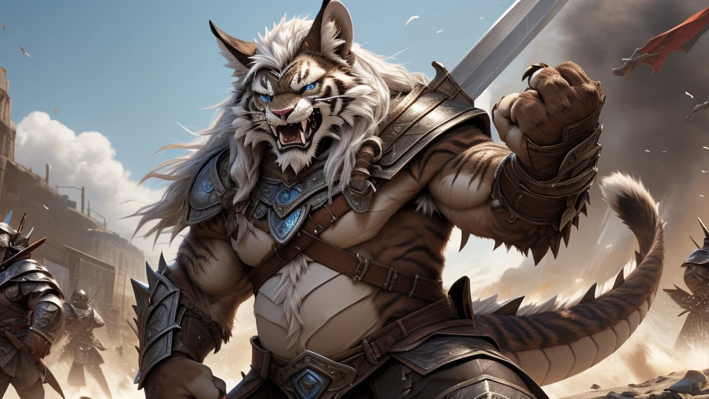 head、Animal cat face、A pair of dragon horns，Full body of fluffy white hair、Heavy breathing、Gnashing of teeth,Serious expression,Fluffy belly、Leather Armor，Viking style，wildcat、blue eyes，(contour）Full body covered with long white hair、Hairy body、Long and thick armpit hair、Fangs、4K，War Background，Sharp claws、Capture the composition of the whole body、 A sharp longsword，Hold the hilt of the sword in your right hand，Hold the hilt of a sword in your hand，Claws holding the hilt，Fighting Stance，HD
