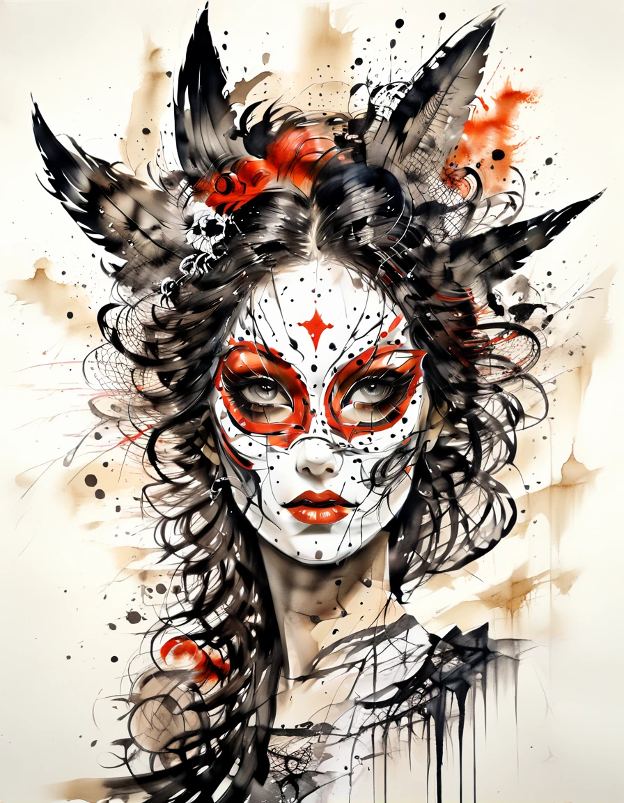 Conte Art Style, Portraiture, Beautiful detailasquerade Mask