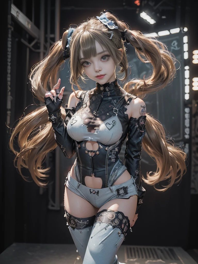 (Full Body View:1.4)、(Full body:1.3)、(Smiling with teeth showing:1.3),(Shibuya Gal:1.5)、(Gothic Lolita style fashion:1.5)、(Punk RockVisual Kei:1.5)、(Wearing a rhythmic gymnastics bodysuit with intricate details:1.4)、(Racing suit and pants with intricate decorations in white, denim and charcoal:1.5)、(Denim and light blue and white boots:1.3)、((belt))、(Numerous delicate logo marks all over the costume:1.4)、(collar:1.3)、(Polka dot underwear:1.5)、20-year-old、NSFW、((Highest quality、In 8K、masterpiece:1.3))、Sharp focus:1.2、(Layered Cut、Huge boobs:1.1),Beautiful woman with perfect figure:1.4、(do a gravure pose:1.3)、Slender Abs:1.2、Highly detailed face and skin texture、Detailed eyes、double eyelid,(Twin tails:1.3)、(Brown-golden hair:1.3)、Gravure idol、(The background is the stage of the fashion show:1.3)、(Slim body:1.3),(Make your legs thinner:1.4),(clavicle:1.1)
