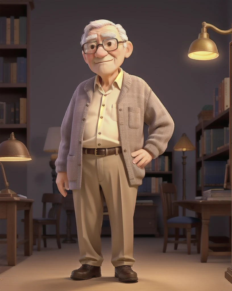 A wise old man standing in front, illuminated by the light of a lamp, against the backdrop of a library